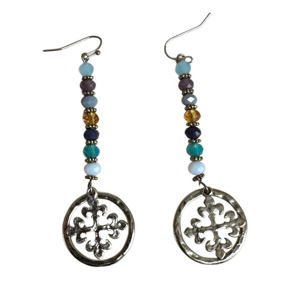 Boho Beaded Dangle Earrings w/ Gold Medallion